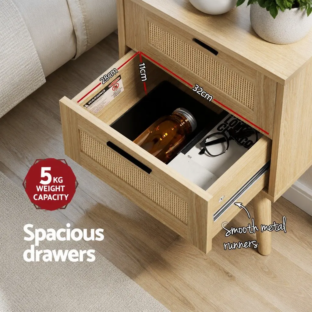 Rattan Bedside Table Wood 2 Drawers Open Shelf Storage