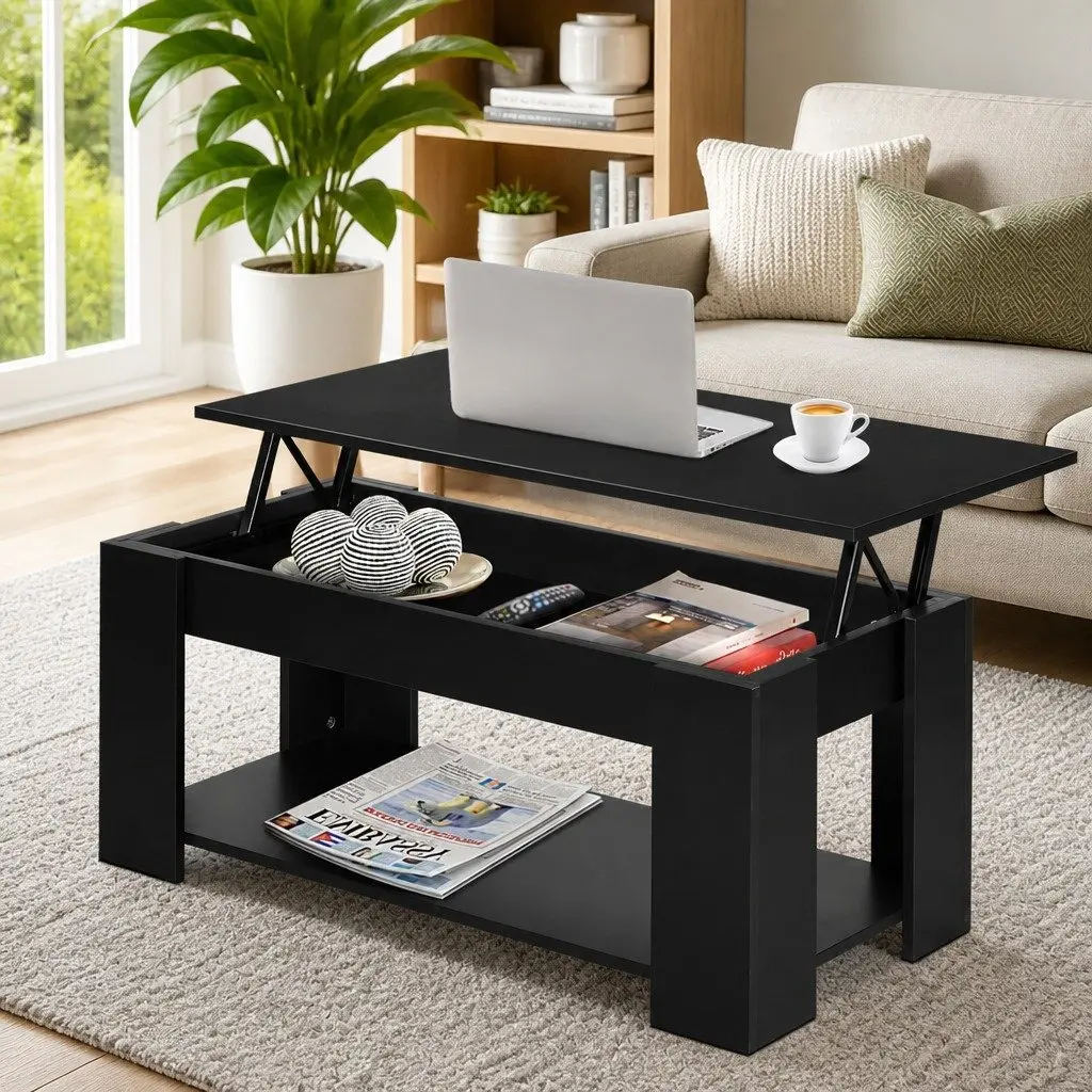 Lift-Top Coffee Table with Hidden Storage Black Living Room Furniture