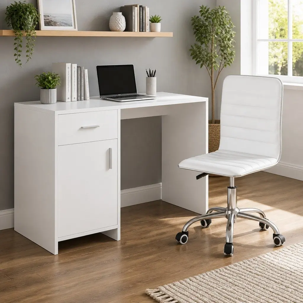 Computer Desk Office Chair Set White 100cm Spacious Desktop Height Adjustable