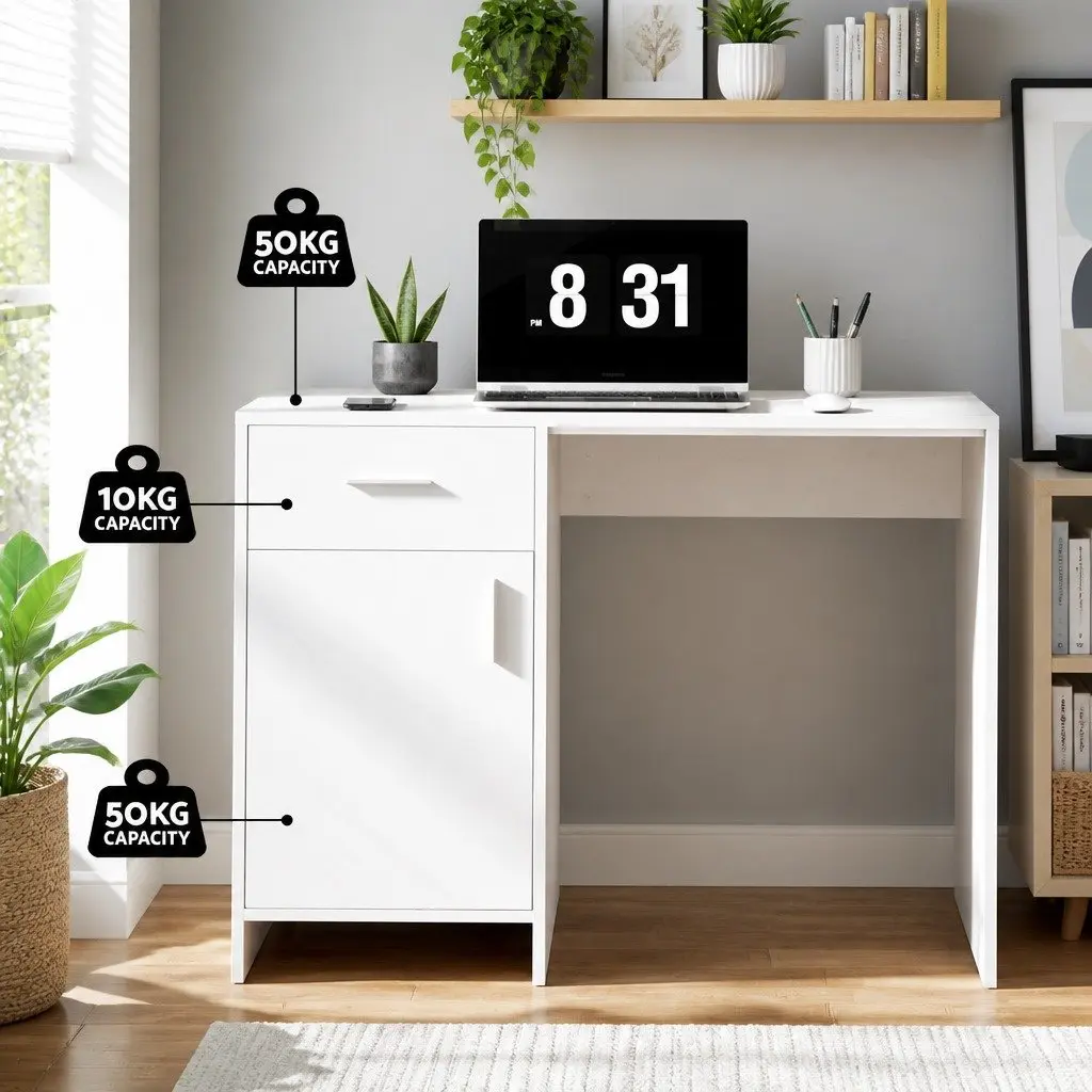 Computer Desk Office Chair Set White 100cm Spacious Desktop Height Adjustable