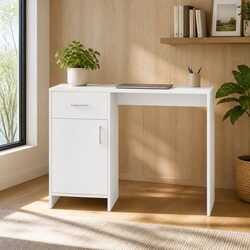 Compact White Computer Desk with Easy Access Drawer