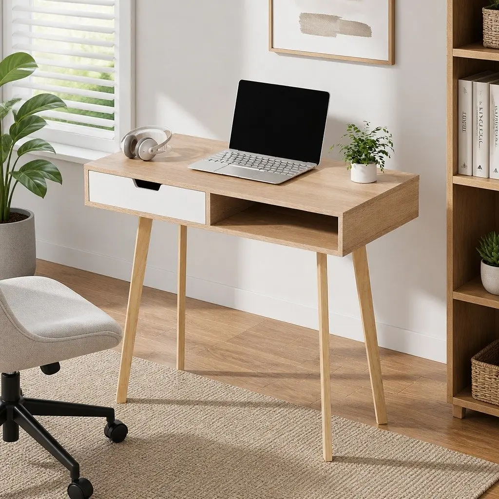 Computer Desk with Drawer Shelf Oak White 90cm Office Workstation Storage