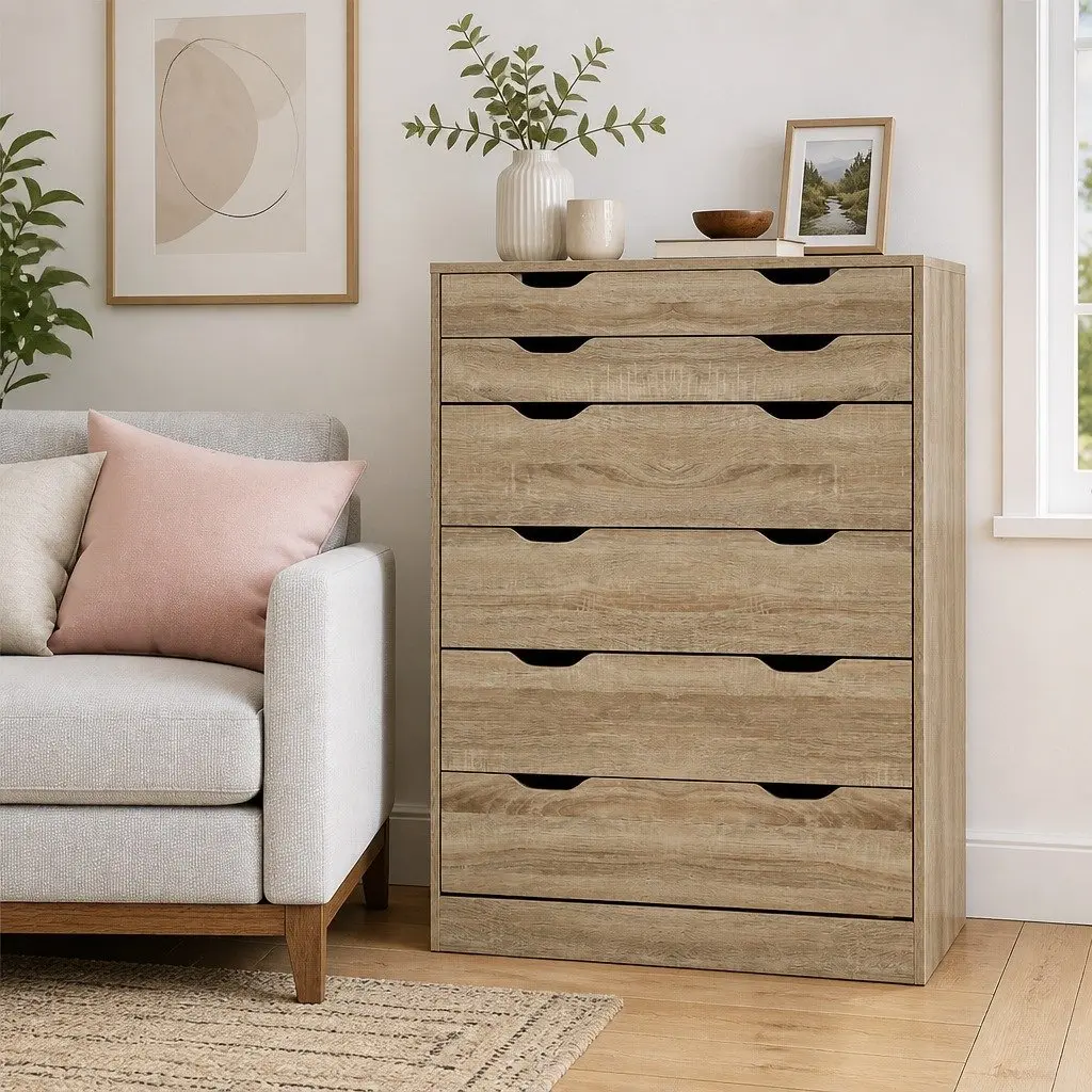 6 Drawer Chest Tallboy Storage Cabinet Oak Bedroom Furniture Scandinavian Design