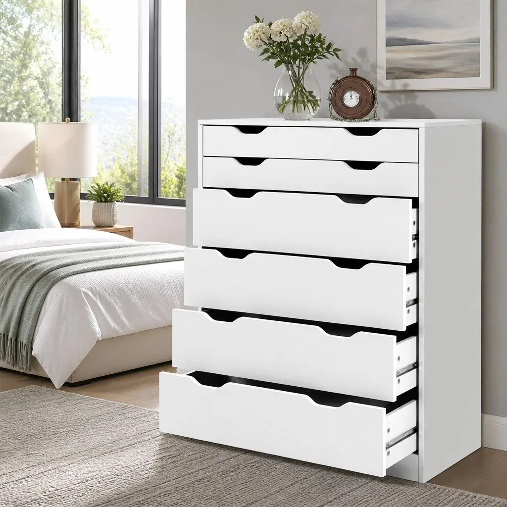 6 Drawer Chest Tallboy Storage Cabinet White Bedroom Furniture with Wall Bracket