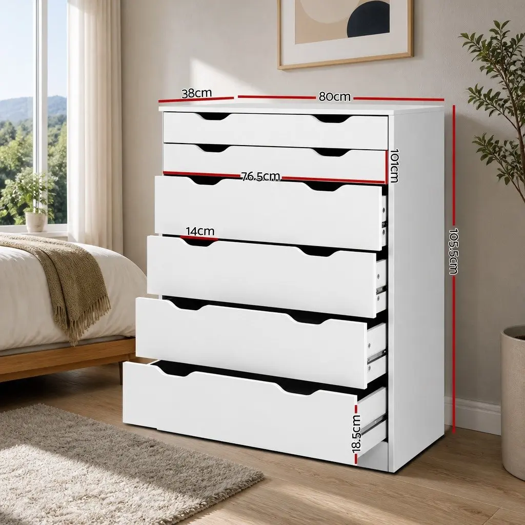 6 Drawer Chest Tallboy Storage Cabinet White Bedroom Furniture with Wall Bracket