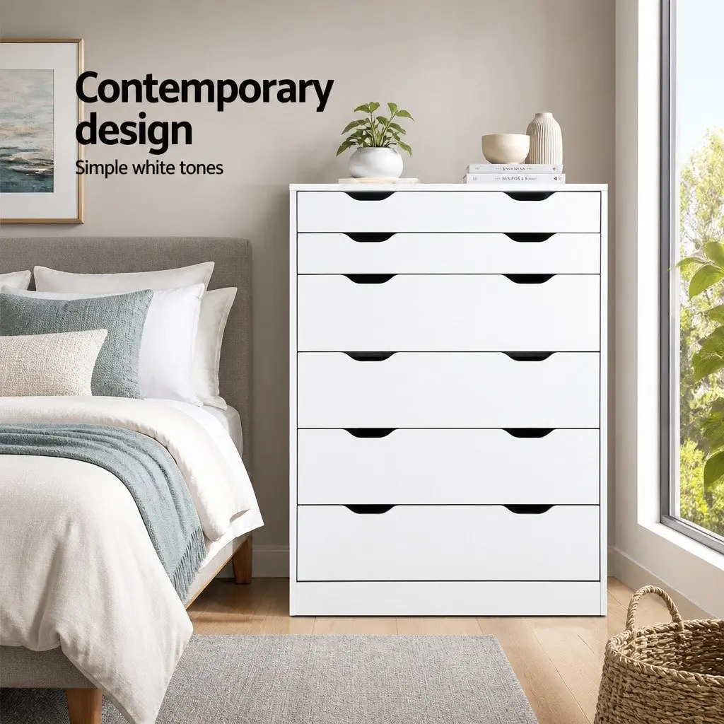 6 Drawer Chest Tallboy Storage Cabinet White Bedroom Furniture with Wall Bracket