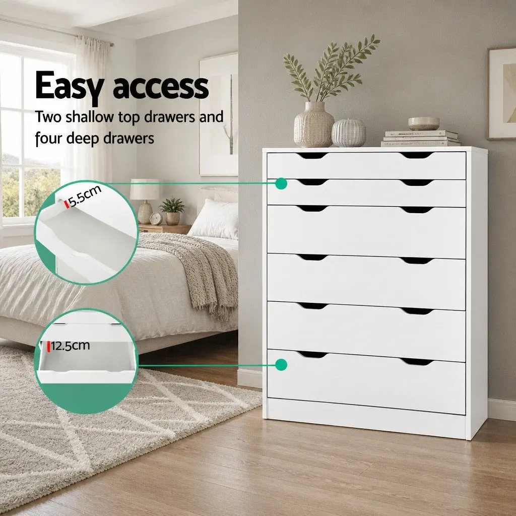 6 Drawer Chest Tallboy Storage Cabinet White Bedroom Furniture with Wall Bracket