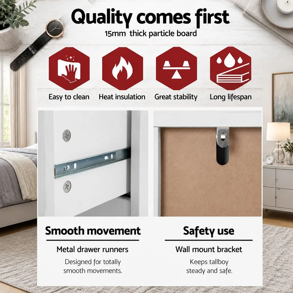 6 Drawer Chest Tallboy Storage Cabinet White Bedroom Furniture with Wall Bracket