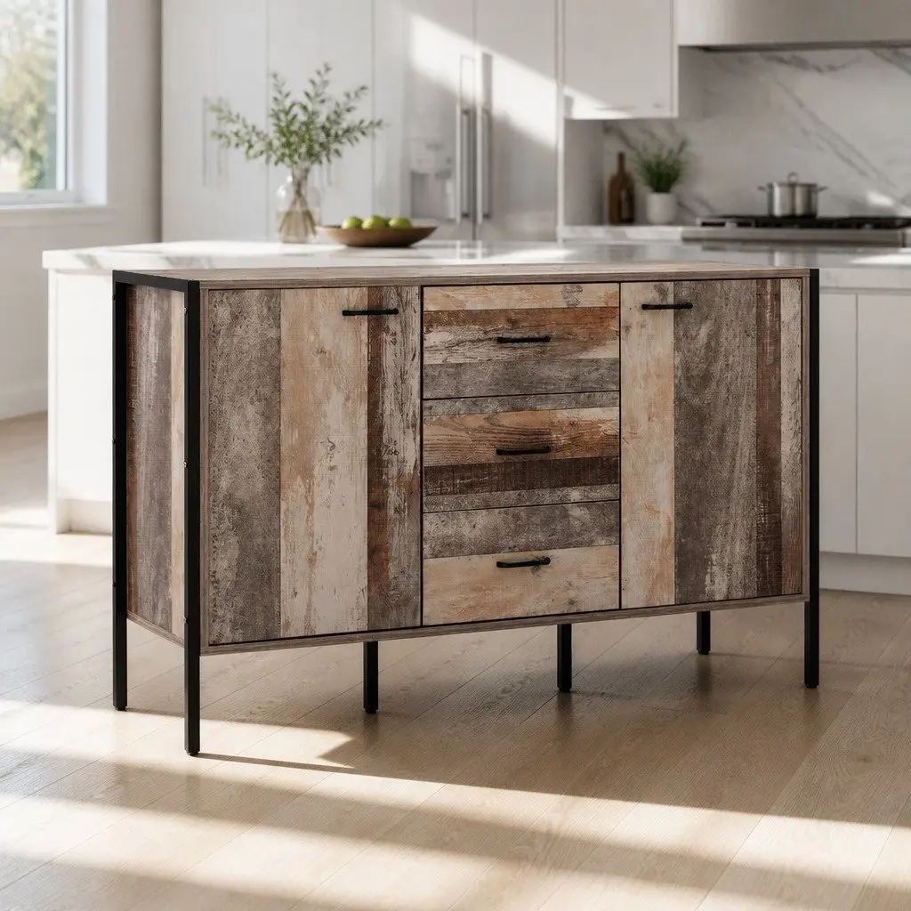 Wooden Sideboard Dark Grey 123cm Three Drawers Two Cabinet Compartments