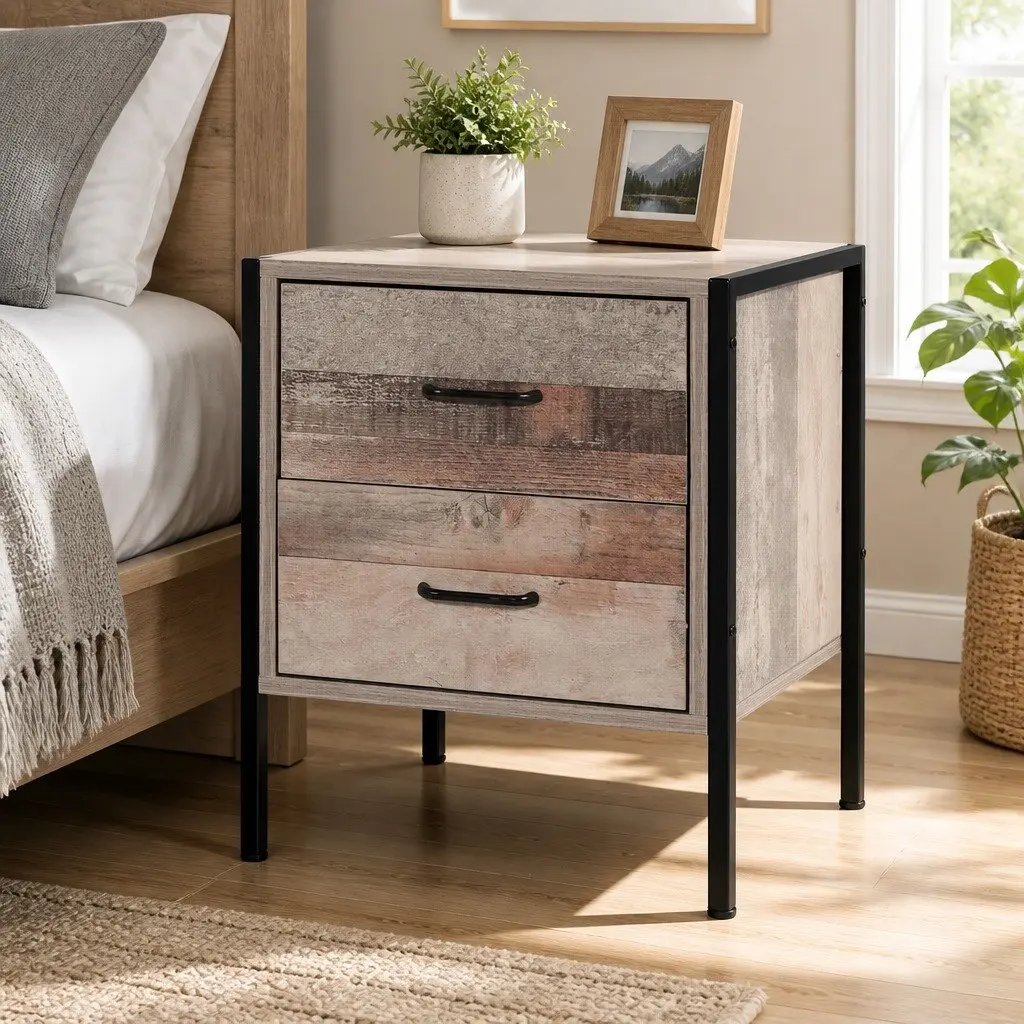 Bedside Table 2 Drawers Black Dark Oak Nightstand Storage Cabinet Side Lamp