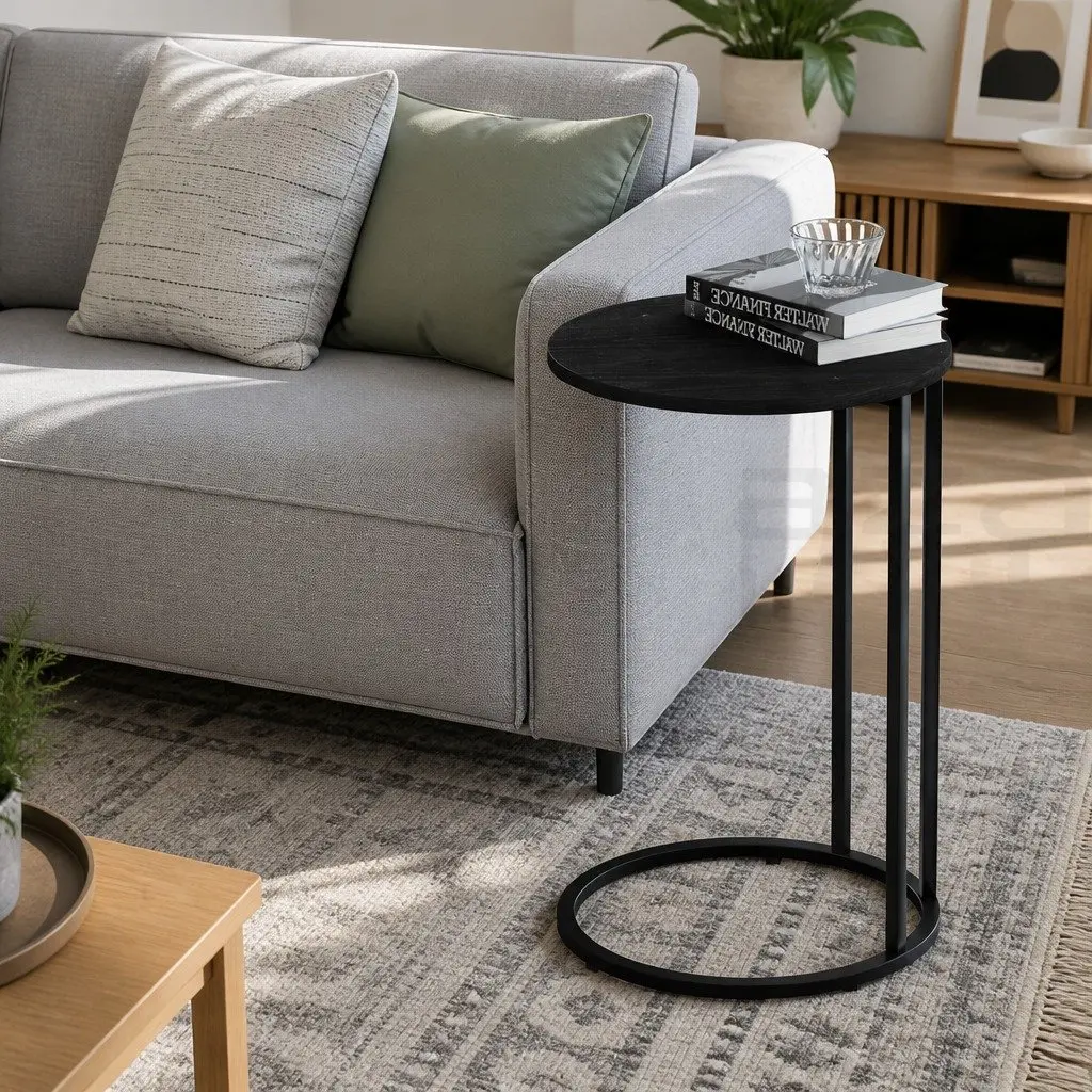 Round Black Coffee Table with Industrial Flair