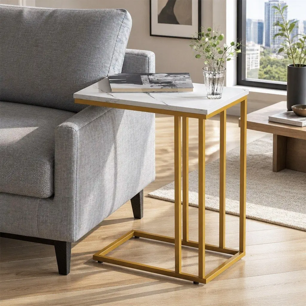 Side Table with Marble Top and Metal Base
