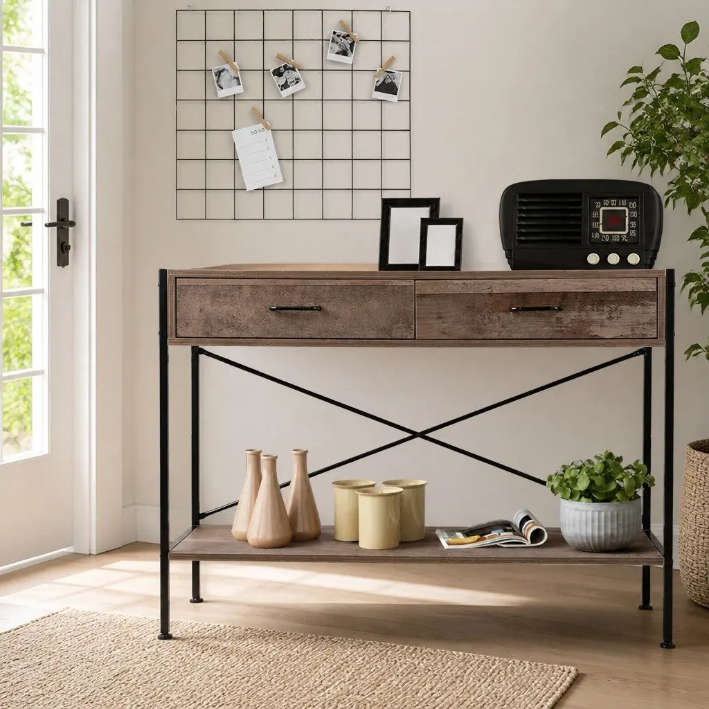 Console Table Rustic 2 Drawers Storage Entryway Display Shelf Particle Board