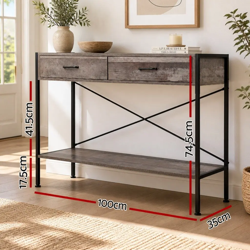 Console Table Rustic 2 Drawers Storage Entryway Display Shelf Particle Board