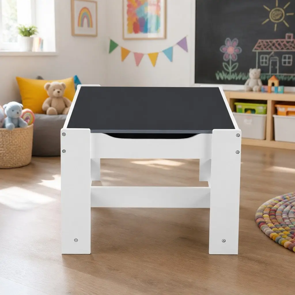 Kids Table and Chairs Set Grey Reversible Chalkboard Top with Hidden Storage Compartments
