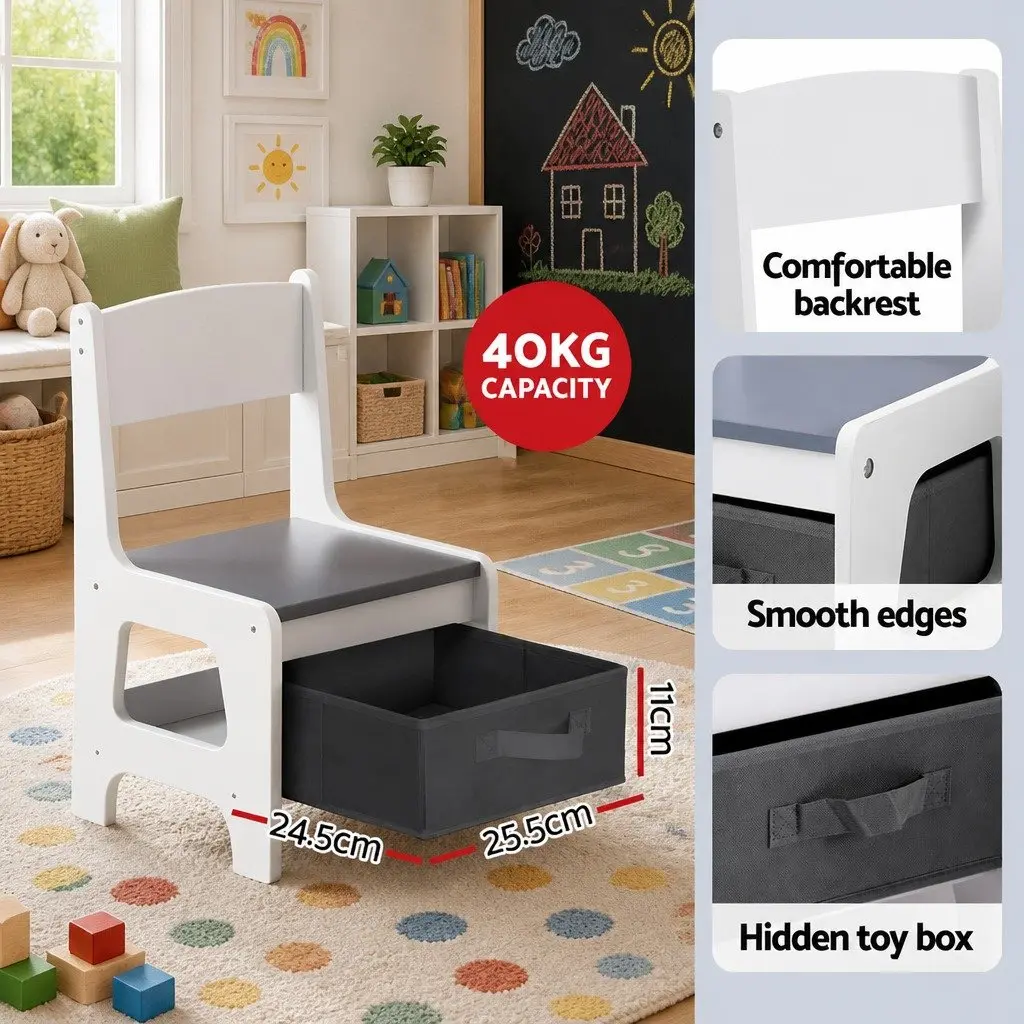 Kids Table and Chairs Set Grey Reversible Chalkboard Top with Hidden Storage Compartments