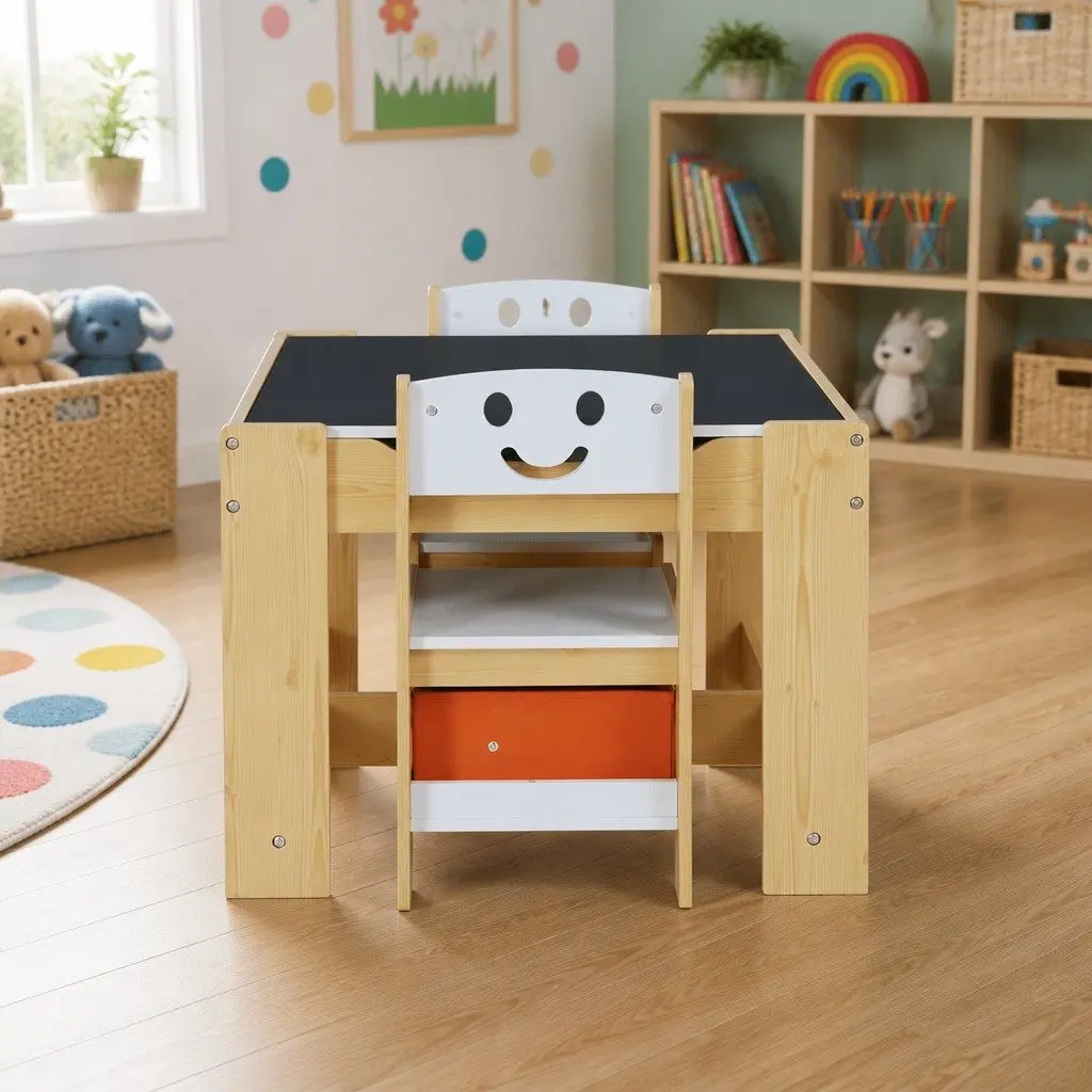 Kids Table and Chairs Set White and Natural 3 Piece Reversible Desktop with Chalkboard and Hidden Storage Compartments