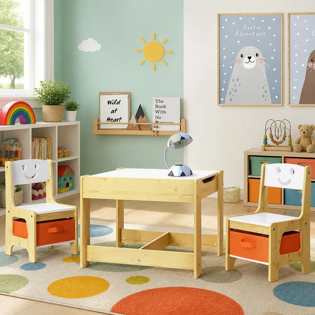Kids Table and Chairs Set White and Natural 3 Piece Reversible Desktop with Chalkboard and Hidden Storage Compartments