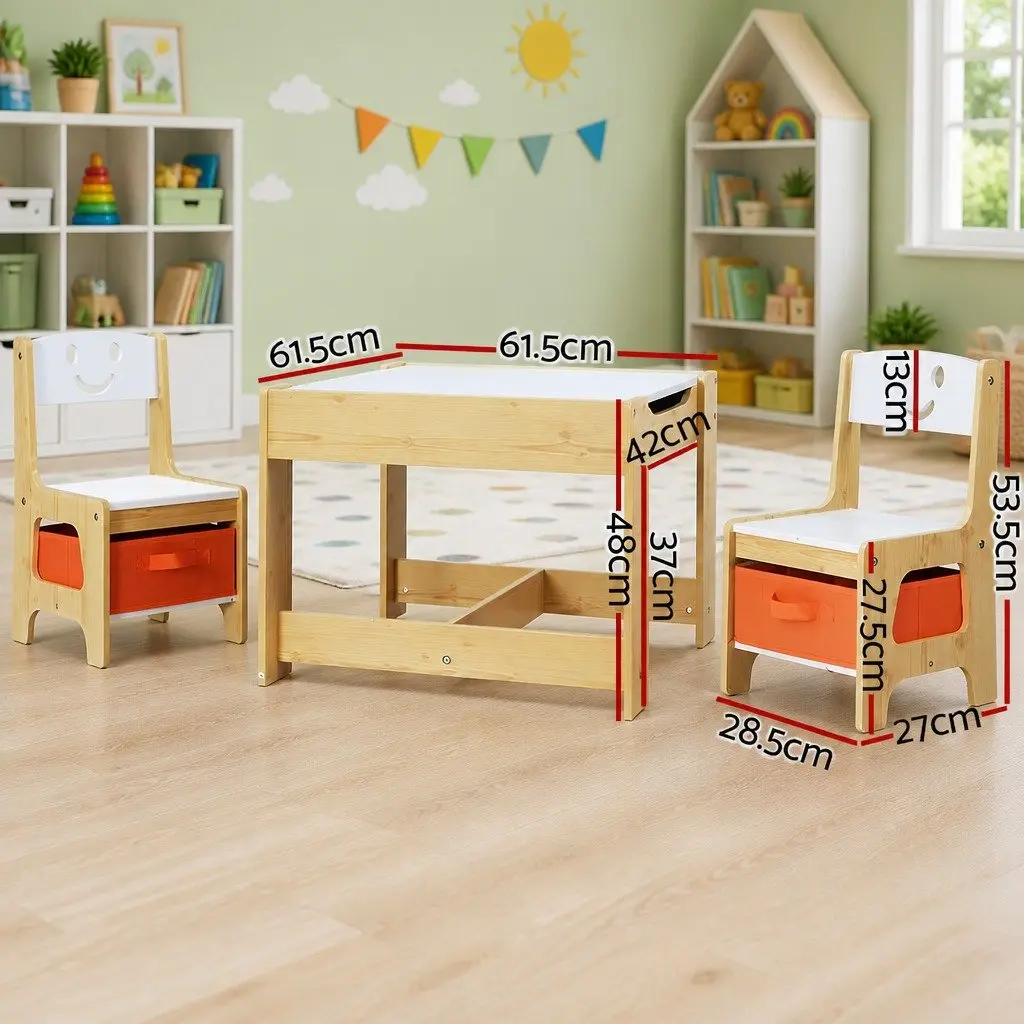 Kids Table and Chairs Set White and Natural 3 Piece Reversible Desktop with Chalkboard and Hidden Storage Compartments