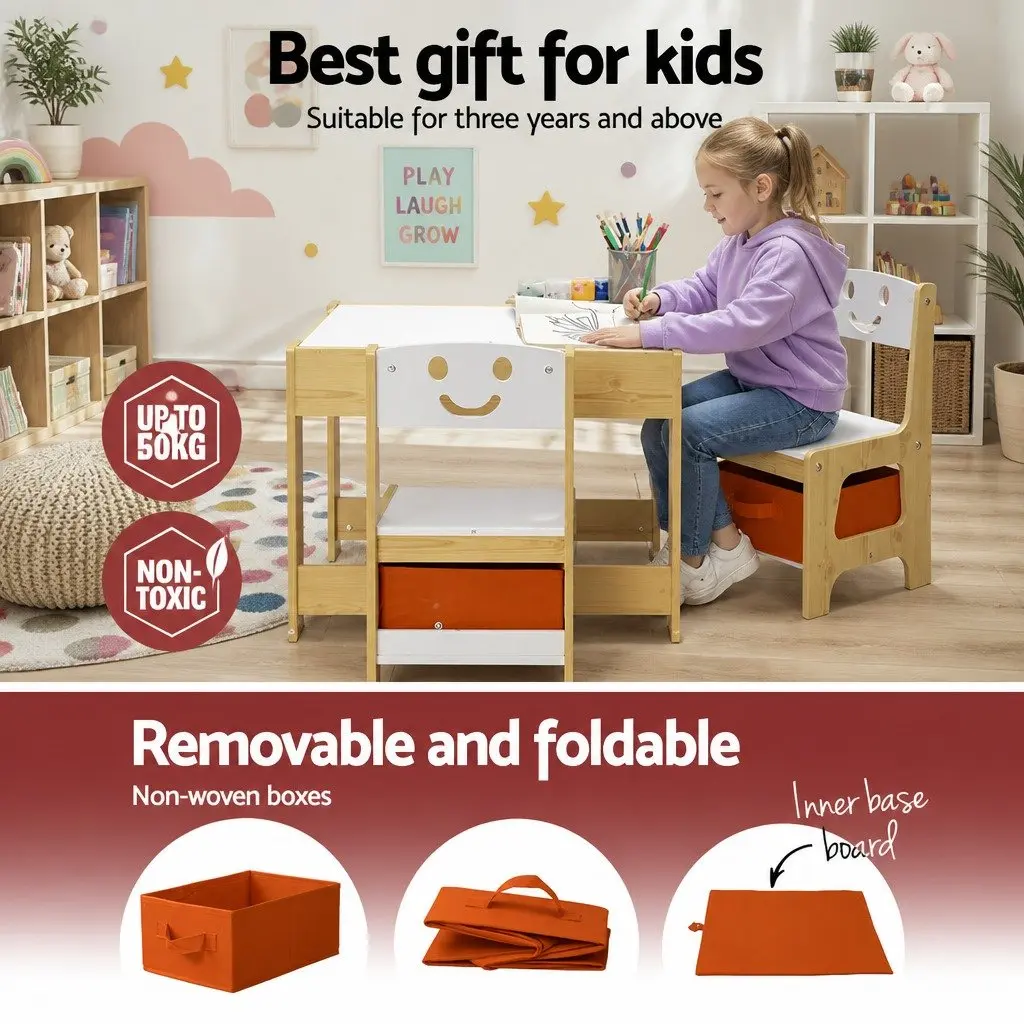 Kids Table and Chairs Set White and Natural 3 Piece Reversible Desktop with Chalkboard and Hidden Storage Compartments