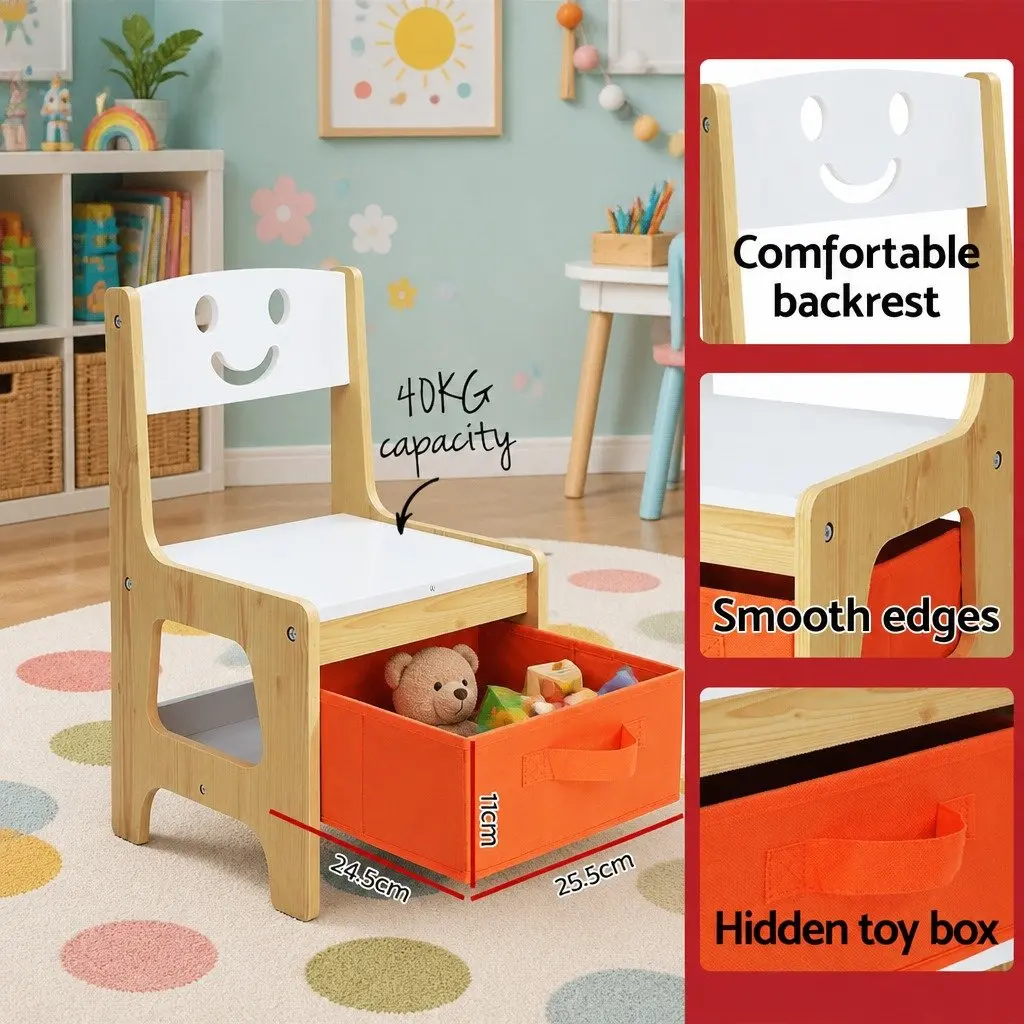 Kids Table and Chairs Set White and Natural 3 Piece Reversible Desktop with Chalkboard and Hidden Storage Compartments