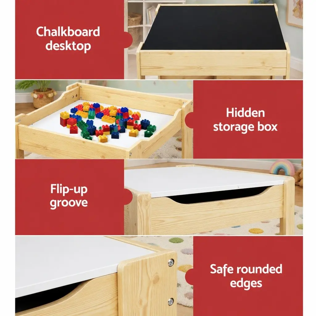 Kids Table and Chairs Set White and Natural 3 Piece Reversible Desktop with Chalkboard and Hidden Storage Compartments