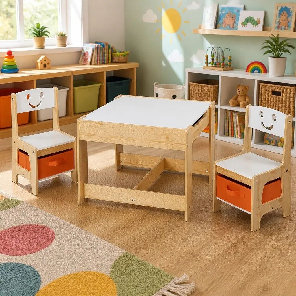 Kids Table and Chairs Set White and Natural 3 Piece Reversible Desktop with Chalkboard and Hidden Storage Compartments