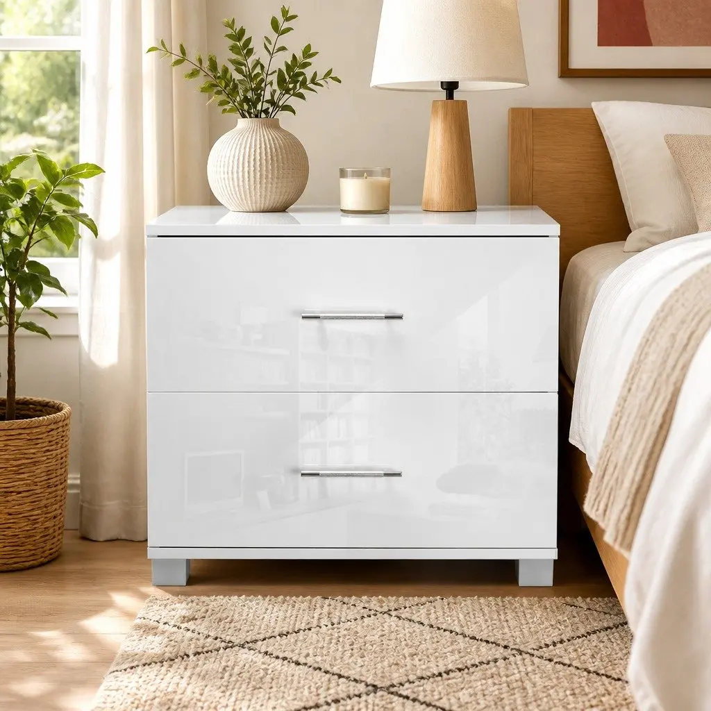 Bedside Table White 2 Drawers High Gloss Modern Storage Cabinet