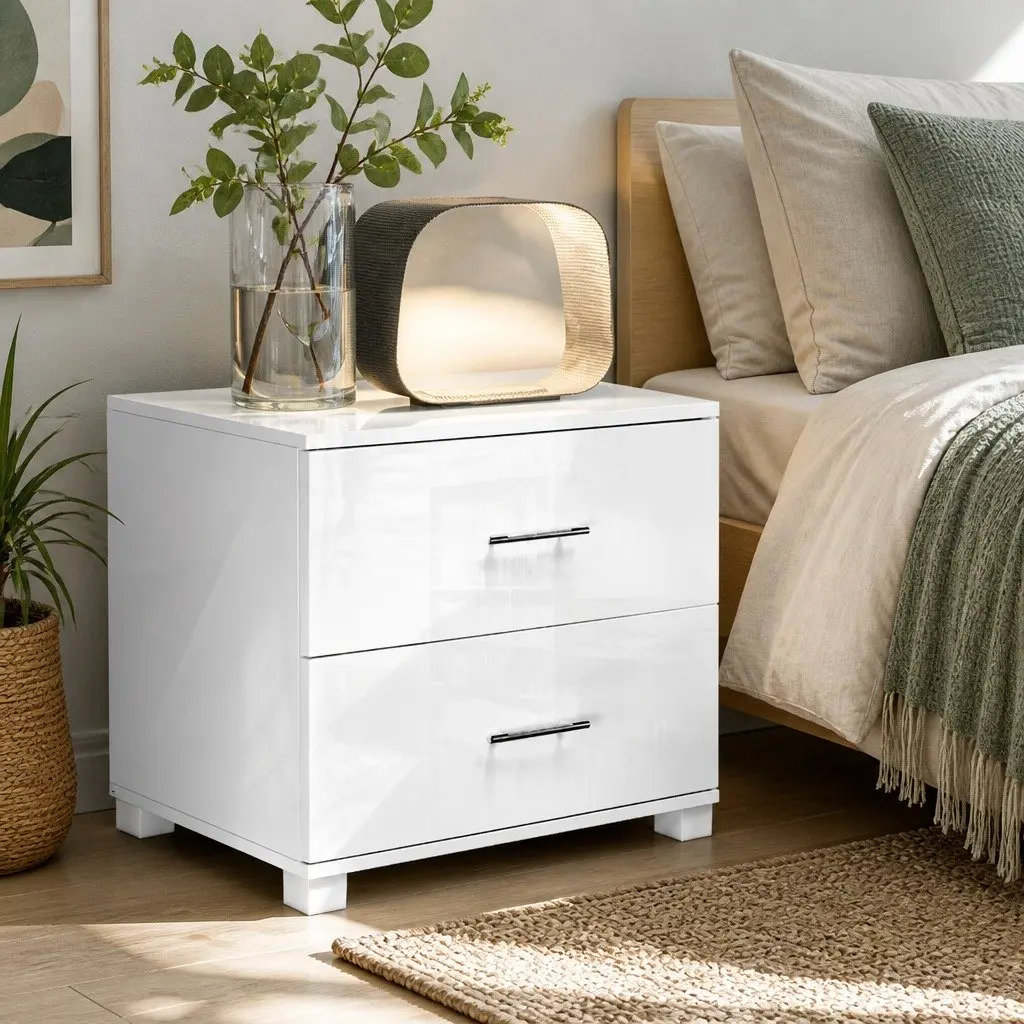 Bedside Table White 2 Drawers High Gloss Modern Storage Cabinet