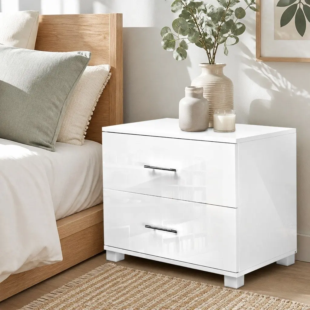 Bedside Table White 2 Drawers High Gloss Modern Storage Cabinet