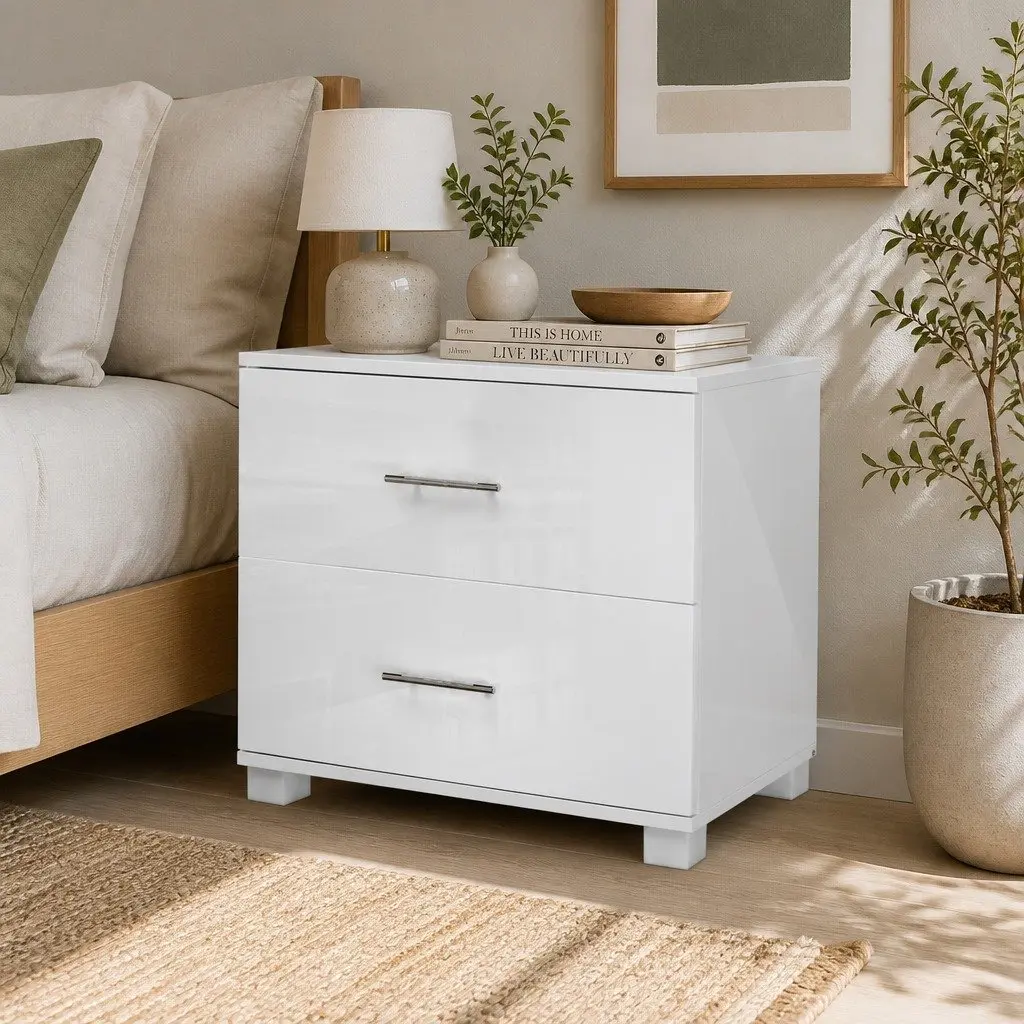 Bedside Table White 2 Drawers High Gloss Modern Storage Cabinet