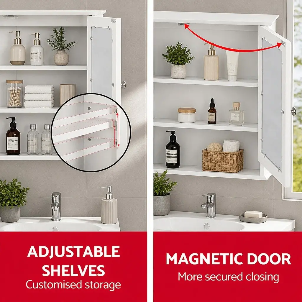 Bathroom Cabinet White Tallboy Mirror Storage Adjustable Shelving Space Saving