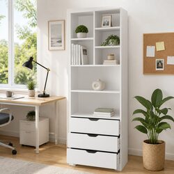 Display Bookshelf with Drawers White 7 Shelves 3 Drawer Storage Cabinet