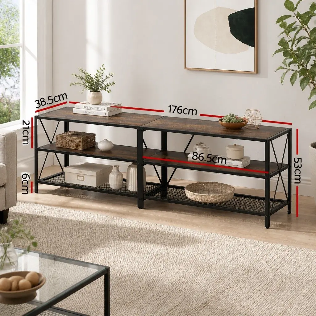 Entertainment Unit Walnut Black 3-Tier Open Shelves Industrial Style Adjustable Feet