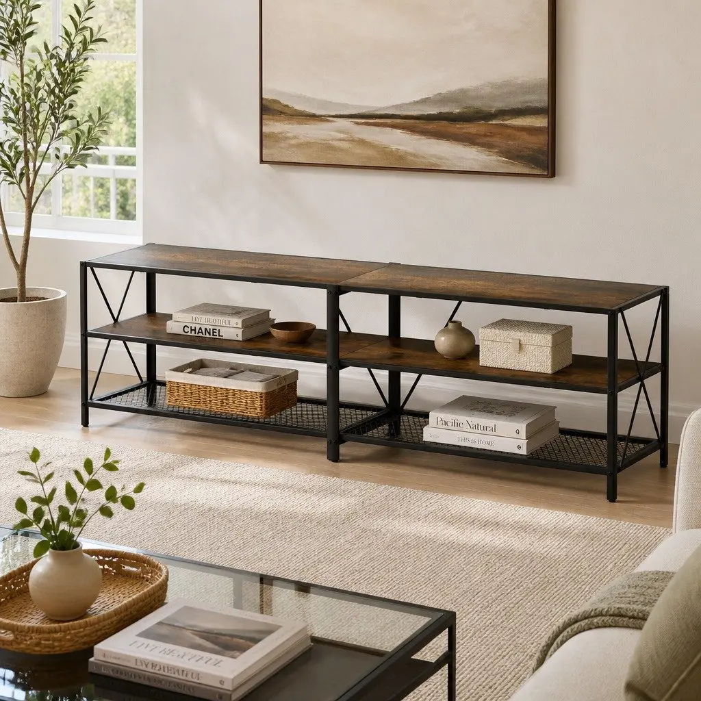 Entertainment Unit Walnut Black 3-Tier Open Shelves Industrial Style Adjustable Feet