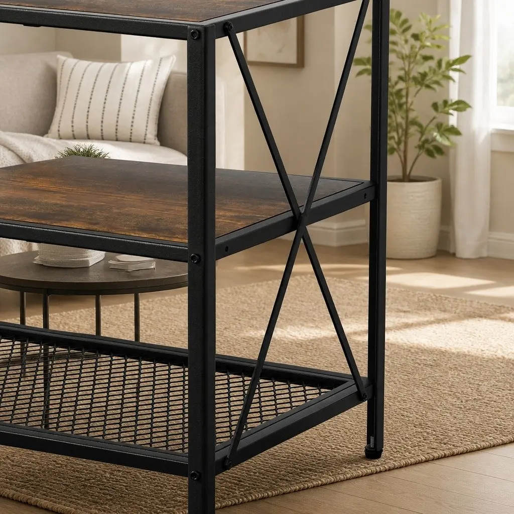 Entertainment Unit Walnut Black 3-Tier Open Shelves Industrial Style Adjustable Feet