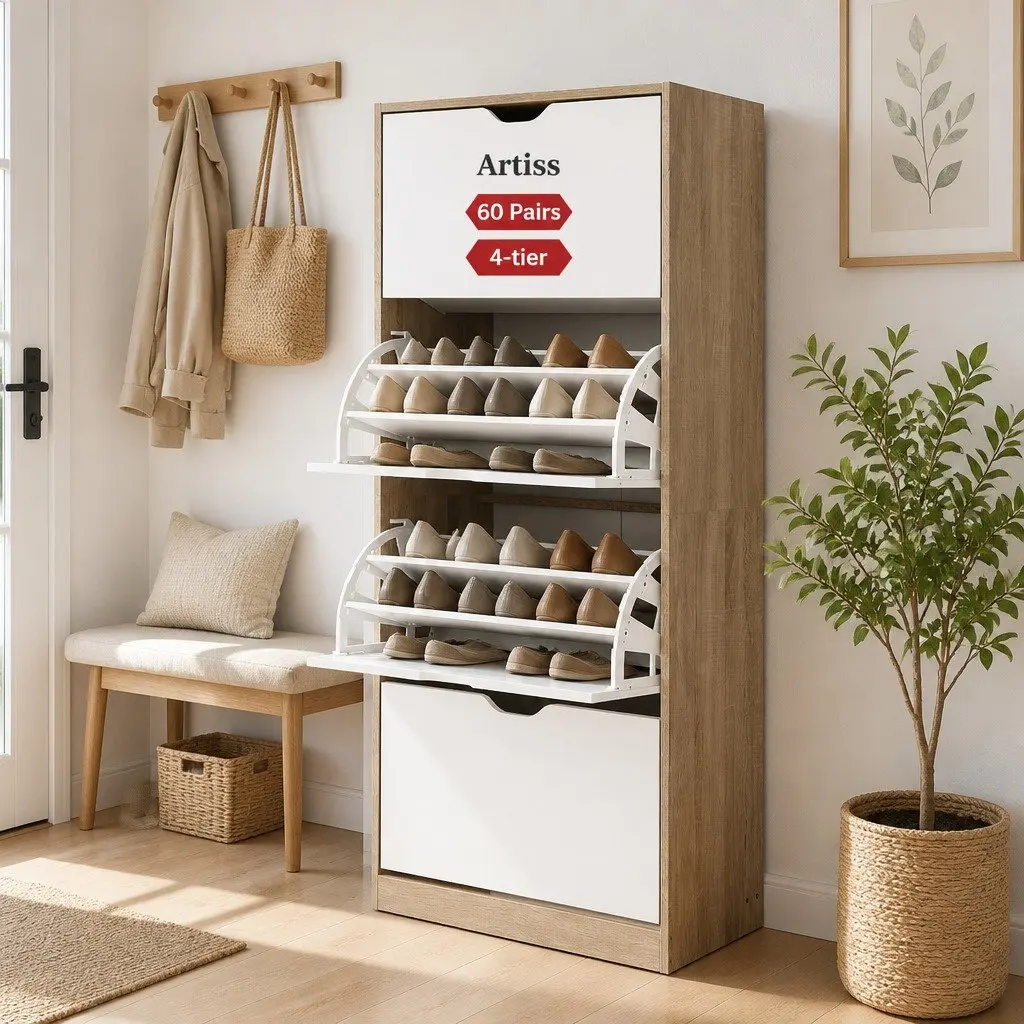Shoe Rack Cabinet White Wood 4-Tier Storage Organizer Adjustable Shelves