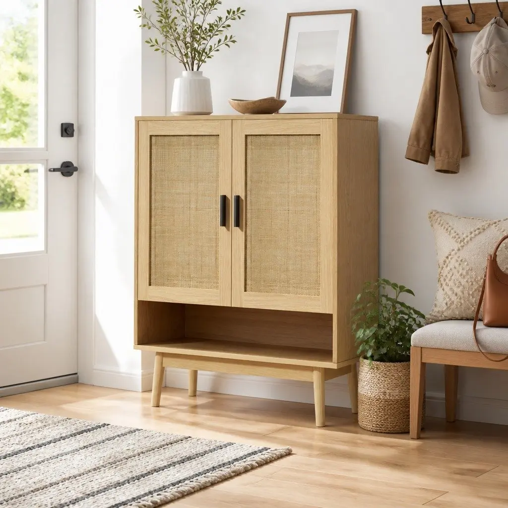 Shoe Rack Cabinet Oak 5-Tier Rattan Storage Adjustable Shelves Wide Tabletop