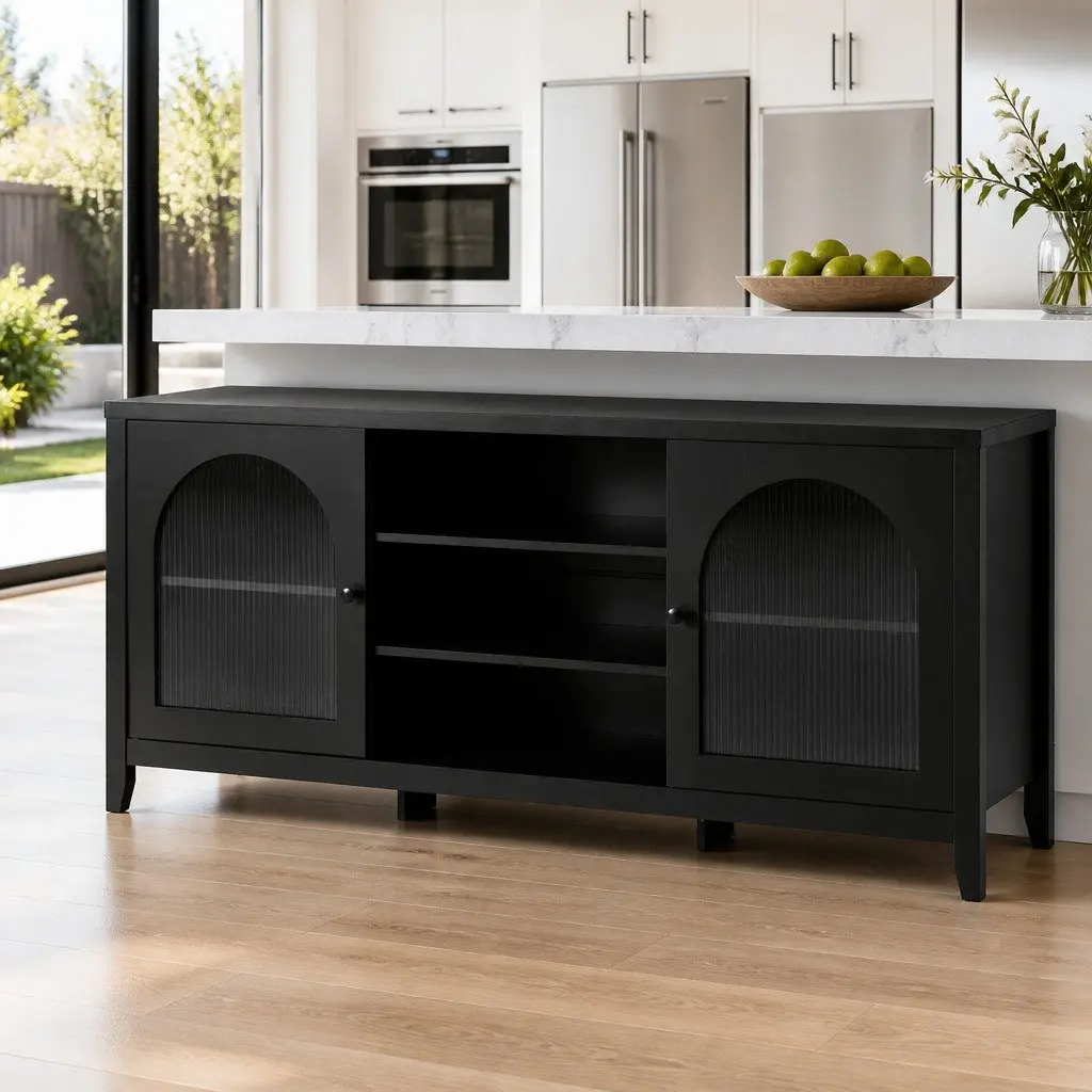 Buffet Sideboard Black 160cm Double Door Adjustable Shelves Storage Cabinet