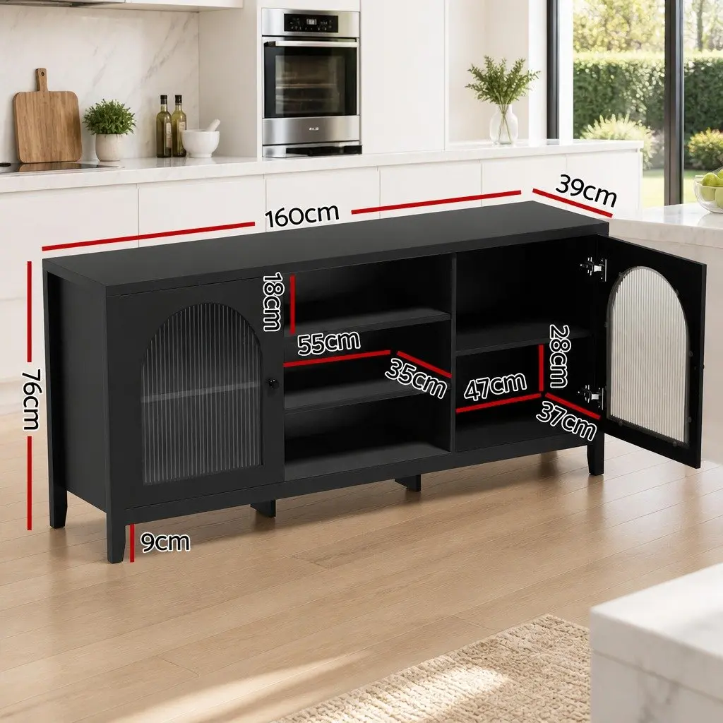 Buffet Sideboard Black 160cm Double Door Adjustable Shelves Storage Cabinet