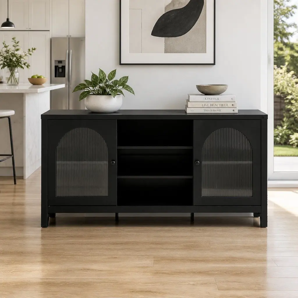 Buffet Sideboard Black 160cm Double Door Adjustable Shelves Storage Cabinet