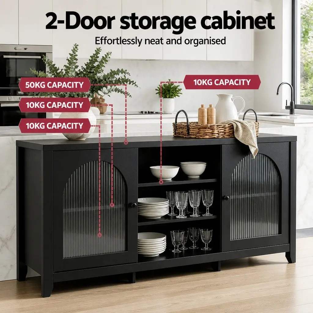 Buffet Sideboard Black 160cm Double Door Adjustable Shelves Storage Cabinet