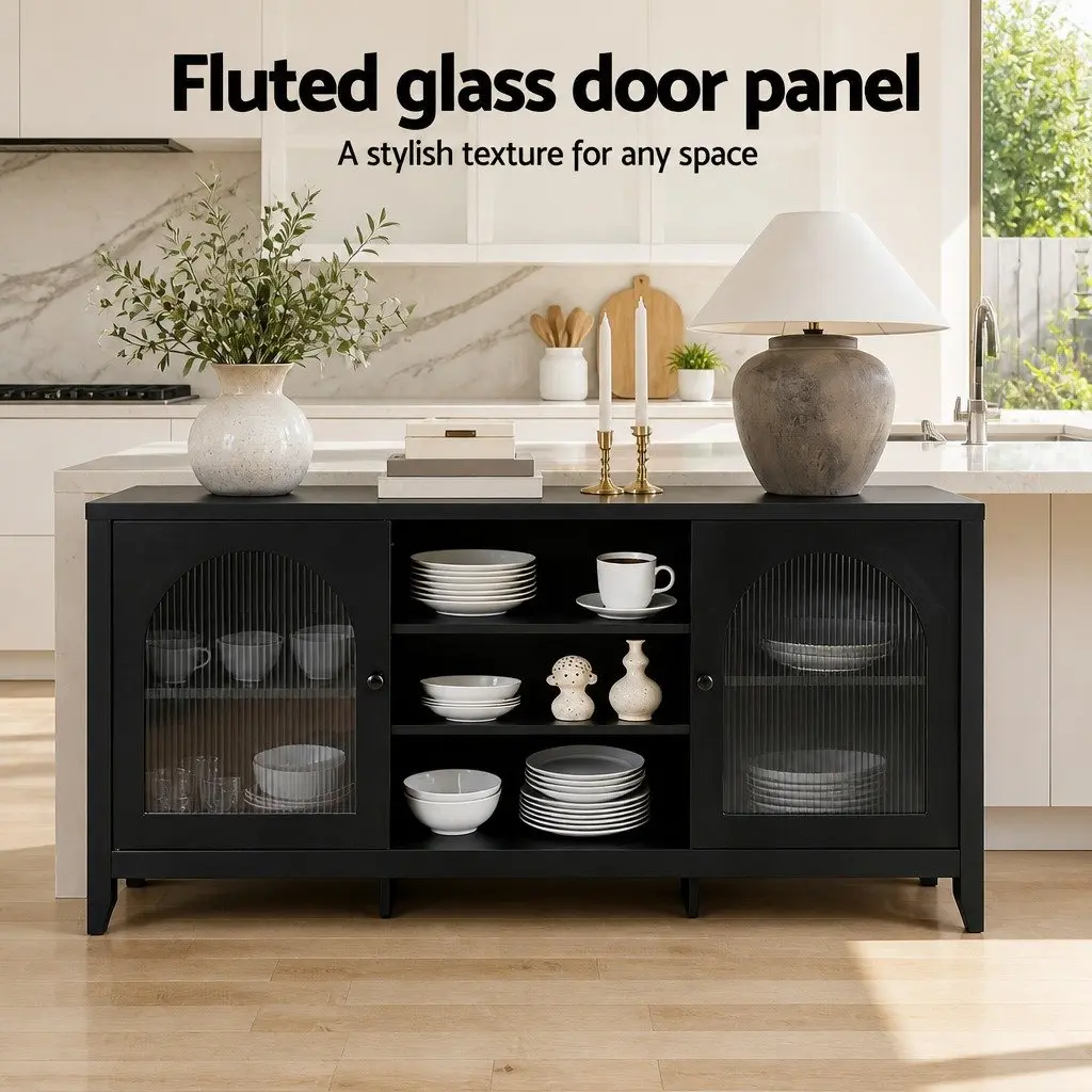 Buffet Sideboard Black 160cm Double Door Adjustable Shelves Storage Cabinet