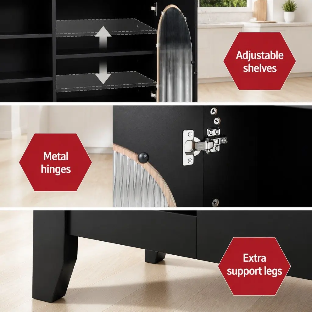 Buffet Sideboard Black 160cm Double Door Adjustable Shelves Storage Cabinet