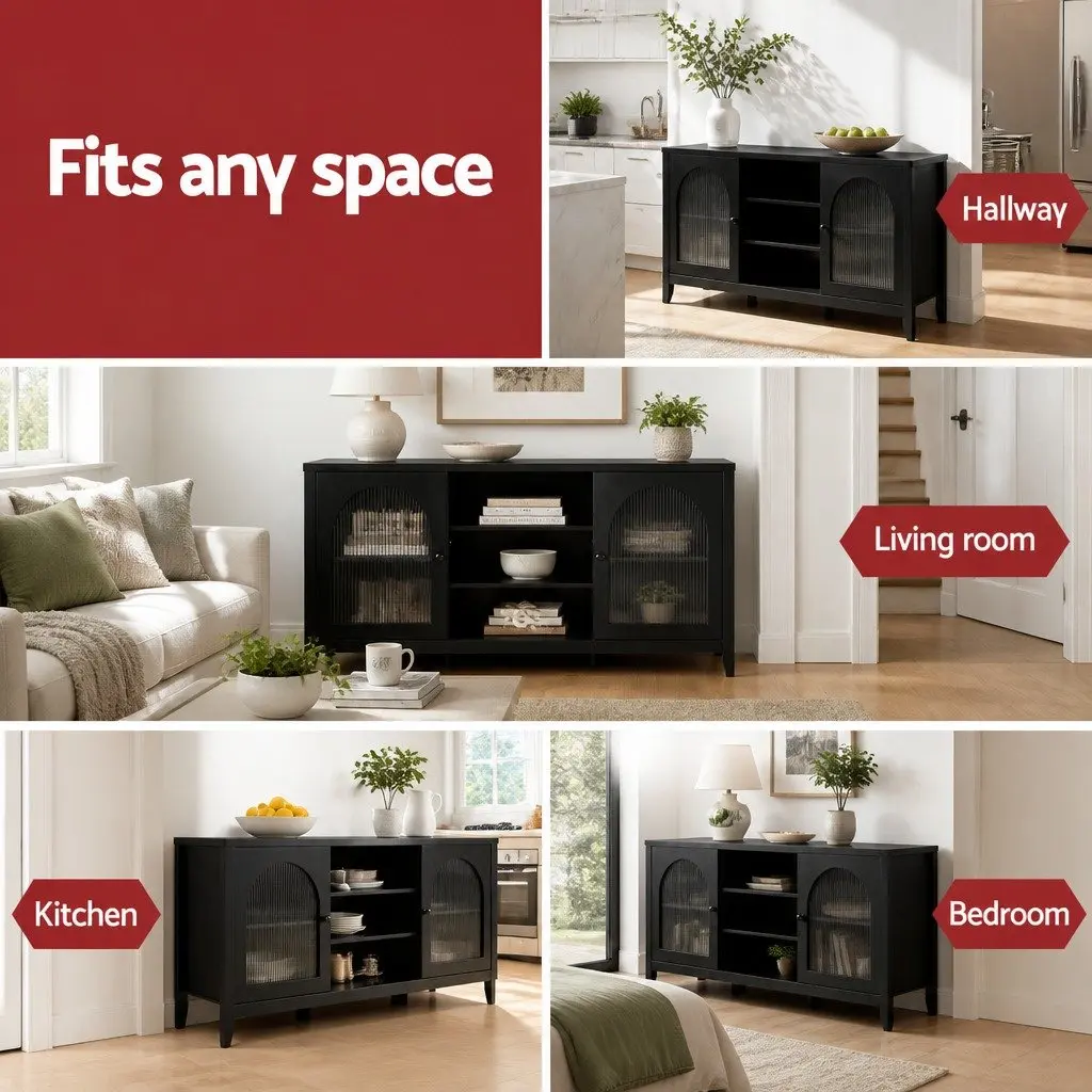Buffet Sideboard Black 160cm Double Door Adjustable Shelves Storage Cabinet