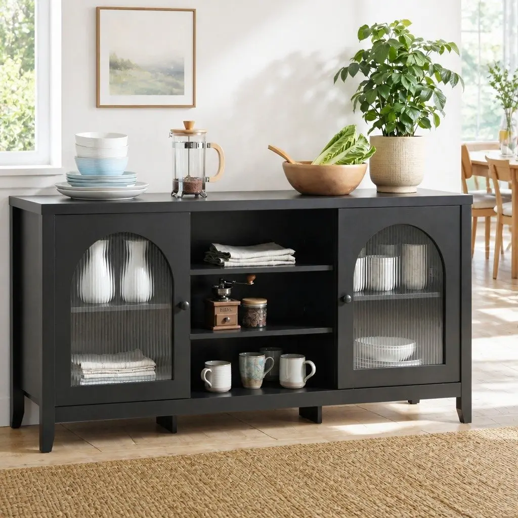 Buffet Sideboard Black 160cm Double Door Adjustable Shelves Storage Cabinet
