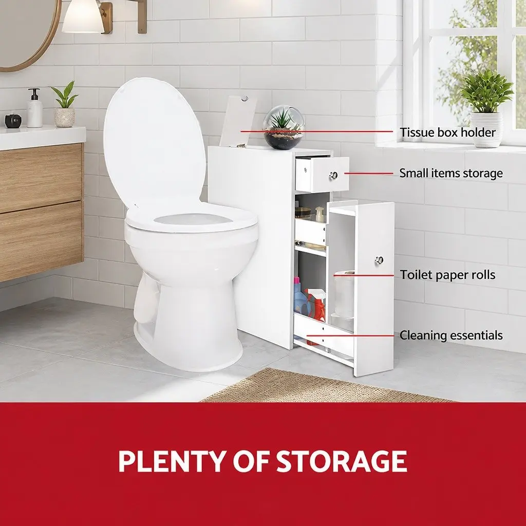 Bathroom Storage Cabinet White Toilet Caddy Tissue Holder Space-Saving