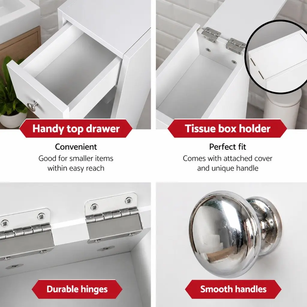 Bathroom Storage Cabinet White Toilet Caddy Tissue Holder Space-Saving