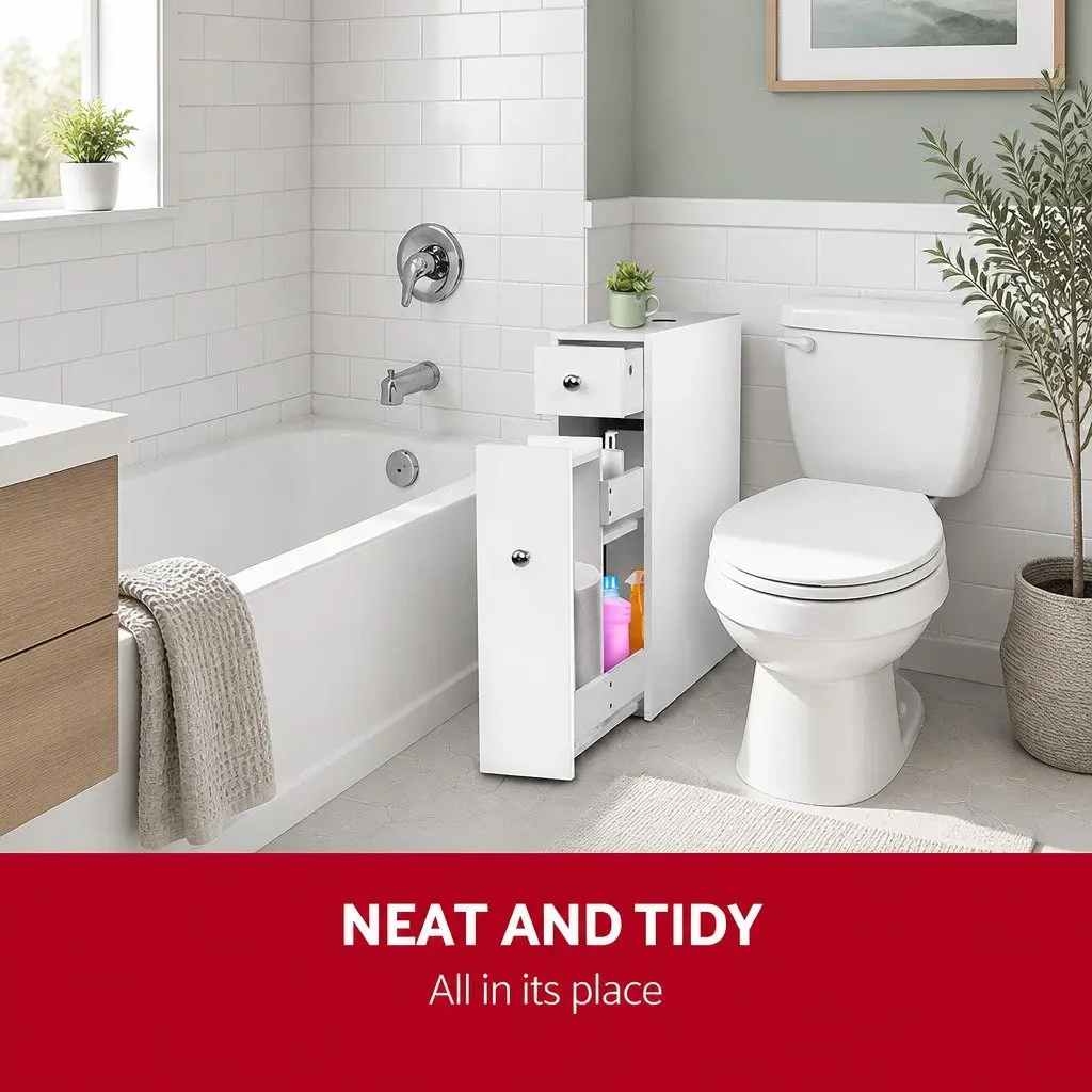 Bathroom Storage Cabinet White Toilet Caddy Tissue Holder Space-Saving