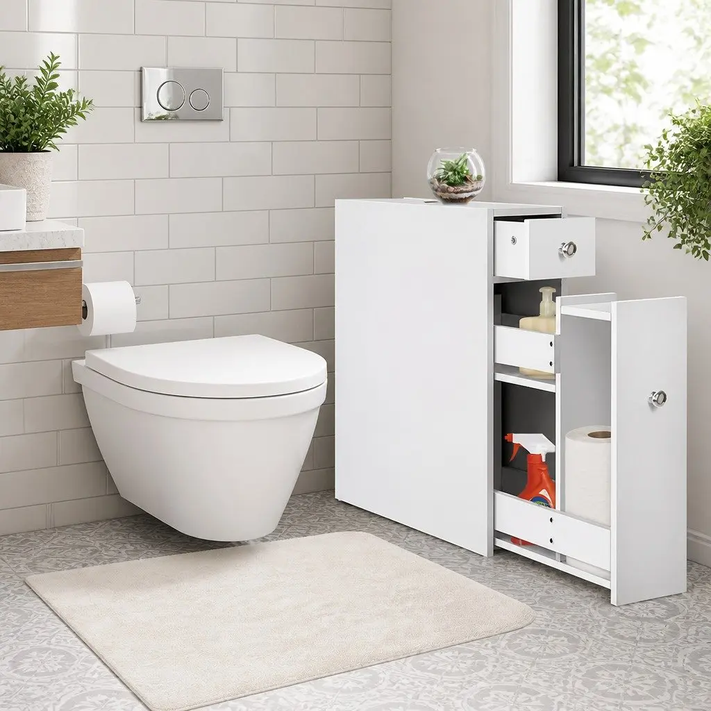 Bathroom Storage Cabinet White Toilet Caddy Tissue Holder Space-Saving